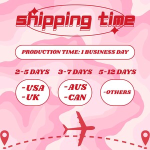 May include: Pink graphic with the words "shipping time" in red, along with text indicating production time and delivery estimates for the UK, USA, Australia, Canada, and other locations. A red airplane graphic is also included.