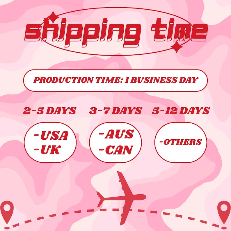 May include: Pink graphic with the words "shipping time" in red, along with text indicating production time and delivery estimates for the UK, USA, Australia, Canada, and other locations. A red airplane graphic is also included.