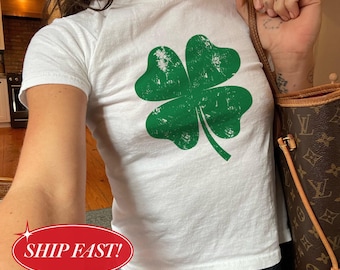 Vintage Shamrock Baby Tee, St Patrick's Day Y2K Crop Top, Lucky Girl Green Clover Shirt, Cute St Paddy's Outfit, Gift For St Patrick's Day
