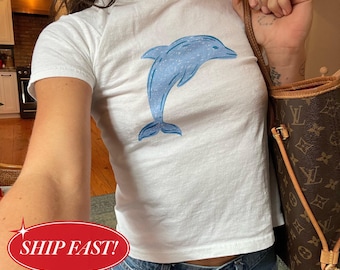 Dolphin Baby Tee, Y2K Ocean Graphic Shirt, Coastal Aesthetic Top, Cute Summer Baby Tee, Vintage Beach Dolphin Tee, Gift For Dolphin Lover
