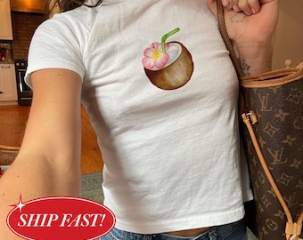 Coconut Water Baby Tee, Y2K Tropical Summer Crop Top, Coconut Graphic Shirt, Coconut Girl Top, Y2K Aesthetic Tee, Beach Vacation Shirt