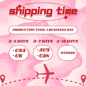 May include: Pink graphic with the words "shipping time" in red, along with text indicating production time and estimated delivery times for different regions, including the USA and UK.