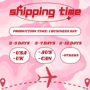 May include: Pink graphic with the words "shipping time" in red, along with text indicating production and shipping times. Includes a red airplane graphic and location markers.