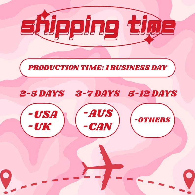 May include: Pink graphic with the words "shipping time" in red, along with text indicating production and shipping times. Includes a red airplane graphic and location markers.