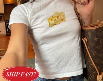 Cheese Baby Tee, Y2K Aesthetic Top, Retro Swiss Cheese Graphic Tee, Cute Cheese Lover Gift, Dairy Lover Tee, Minimalist Cheese Shirt