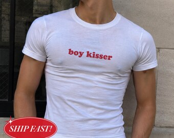 Boy Kisser Baby Tee, Funny Gay Shirt, Y2K Gay Graphic Crop Top, LGBTQ+ Pride Tee, Queer Aesthetic Top, Cute Rainbow Fashion, Youth Sizing