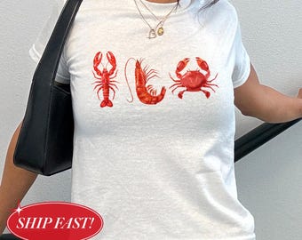 Y2K Seafood Baby Tee, Lobster Shrimp Crab Graphic Shirt, 2000s Coastal Summer Aesthetic Tee, Cute Beach Tee, Gift For Seafood Lover Shirt