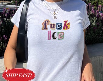 Anti Ice Magazine Letter Baby Tee, Fuck ICE Y2K Crop Top, Protect Immigrants Tee, No Human Is Illegal Top, Activist Graphic Baby Tee, FDT