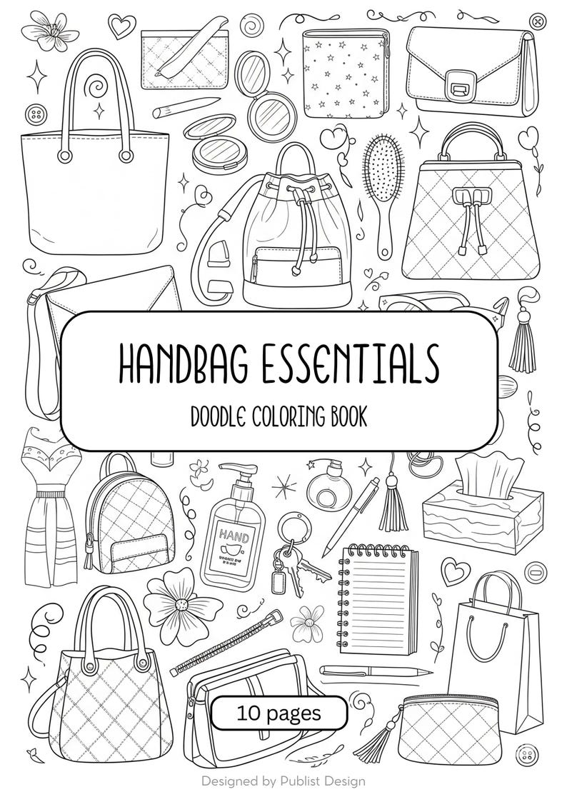 Handbag Essentials Doodle Coloring Book | 10 Printable Pages | Purse ...
