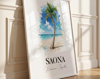 Póster de acuarela de Saona Palm Beach, arte mural de isla tropical (40,6 cm x 50,8 cm)