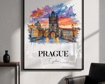 Plakat z akwarelowym widokiem Pragi | Grafika ścienna z widokiem miasta, wydruk w ramie