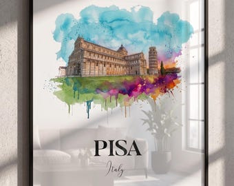 Pisa Aquarell Stadtbild Poster mit Holzrahmen | Italien Reise Wandkunst
