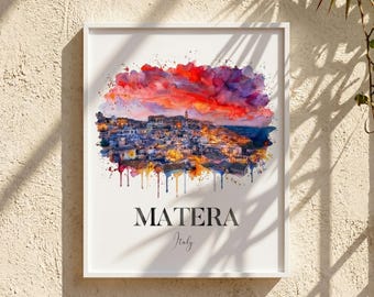 Matera Italy Watercolor Print | Sassi di Matera Sunset Wall Art (16" x 20")