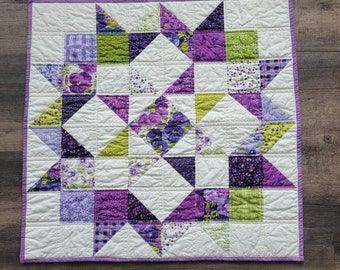 Quilted Table Topper, 33" square Lilac, Lavender, Green and Cream, Spring Floral Modern Carpenter Star