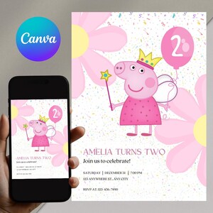 Modello modificabile per invito di compleanno di Peppa Pig, modello Canva, modello modificabile (digitale), invito di compleanno di Peppa Pig, festa di Peppa