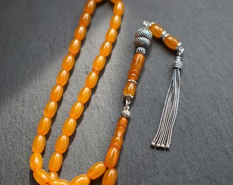 Pressed Amber Prayer Beads | Islamic Tasbih Silver Tassel, 33 Bead Misbaha