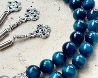 Cuentas de oración islámicas de ojo de tigre azul: 33 cuentas de piedras preciosas Tasbih / Misbaha / Sibha