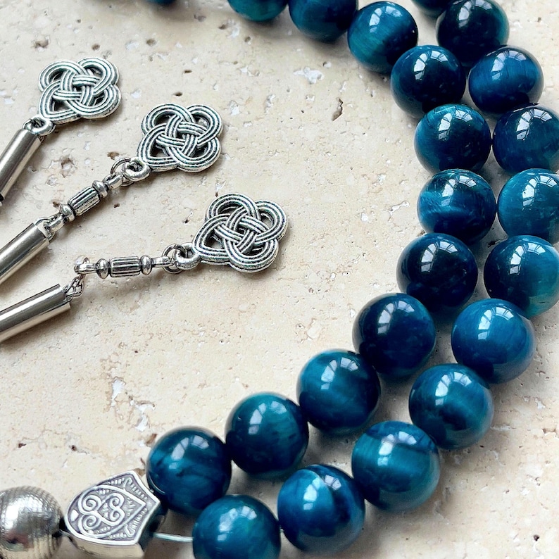 Terço islâmico de Olho de Tigre Azul – Tasbih de 33 contas com pedras preciosas | Misbaha | Sibha imagem 1