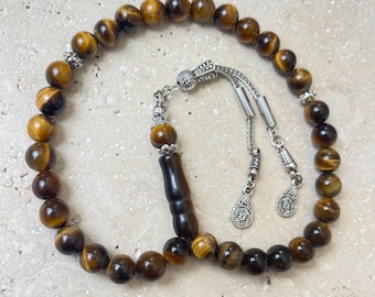 Brown Tiger Eye Islamic Prayer Beads: 33-Bead Gemstone Tasbih
