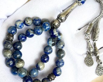 Tasbih de Lápis-lazúli com 33 Contas – Contas de Oração Islâmicas em Pedra Preciosa Azul Natural | Misbaha Feito à Mão