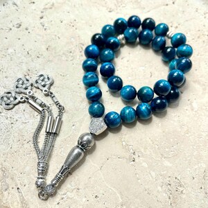 Terço islâmico de Olho de Tigre Azul – Tasbih de 33 contas com pedras preciosas | Misbaha | Sibha imagem 4