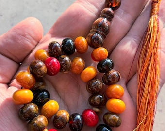 Colorful Pressed Amber Prayer Beads | Handmade 33-Bead Tasbih | Islamic Misbaha