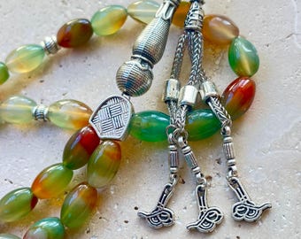 Green & Orange Agate Islamic Prayer Beads | 33-Bead Gemstone Tasbih