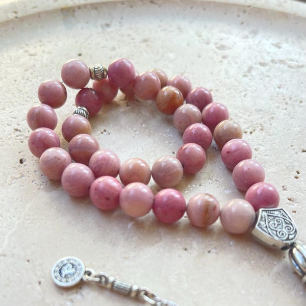 Islamskie koraliki modlitewne z rodonitem | Matowy różowy kamień szlachetny Tasbih, muzułmański prezent