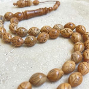 Natural Hand-Carved Kuka Tree Prayer Beads | Islamic Prayer Beads, Kuka Tasbih 33, Misbaha, Tasbeeh, Sibha, HandCrafted Wood Rosary 9x13 mm