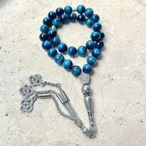 Terço islâmico de Olho de Tigre Azul – Tasbih de 33 contas com pedras preciosas | Misbaha | Sibha imagem 9