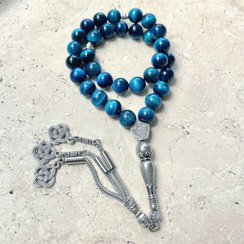 Terço islâmico de Olho de Tigre Azul – Tasbih de 33 contas com pedras preciosas | Misbaha | Sibha imagem 9