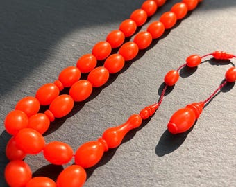 Pressed Amber Prayer Beads – Yellow Orange Tasbih – 33 Bead Islamic Misbaha – 8x11mm Patina Finish