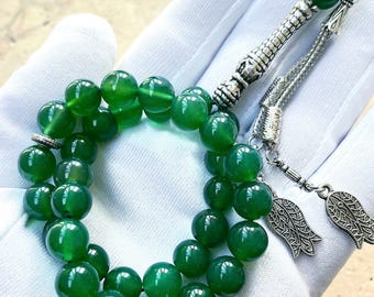 Green Agate Islamic Prayer Beads: Gemstone Tasbih 33, Muslim Rosary