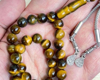 Brown Tiger Eye Islamic Prayer Beads | 33-Bead Gemstone Tasbih | Muslim Rosary | Misbaha