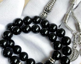 Contas de oração islâmicas de ônix preto: Tasbih com 33 contas de pedras preciosas