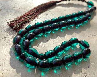 Grüne gepresste Bernstein islamische Gebetskette | Feuer Effekt Tasbih | 33 Perlen