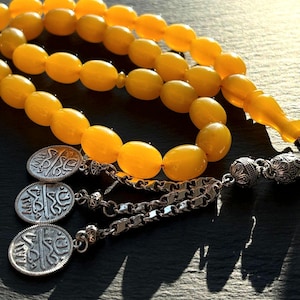 Tasbih z bursztynu prasowanego w miodzie | Islamskie koraliki modlitewne | Misbaha z 33 koralikami | Ręcznie robione