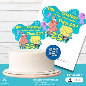 Spongebob cake topper, Birthday cake topper, Birthday cake, toppers,  name and age cake topper, Customize cake topper, Digital download