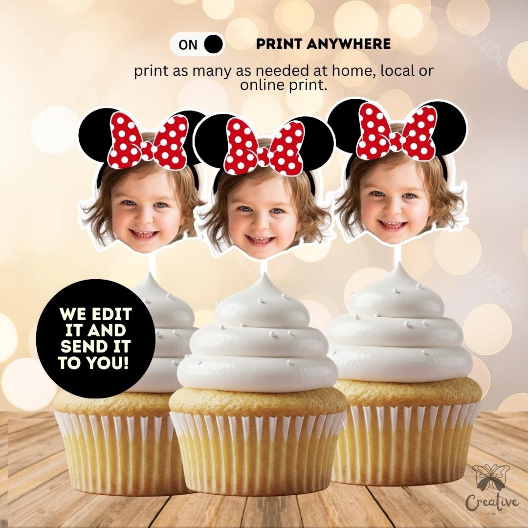 PRINTABLE Minnie Mouse Ears Personalized/ Face Cupcake Toppersfavor
