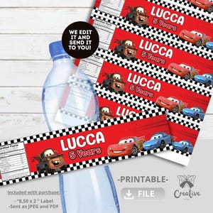 Cars McQueen Birthday Party Bottle Labels: Printable Water Bottle Wrappers (PNG/PDF)