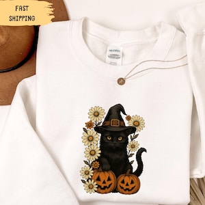 Black Cat Pumpkin Halloween Sweatshirt: Spooky Fall Hoodie, Cat Lover Gift