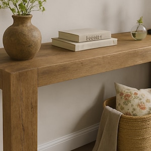 Reclaimed Wood Console Table – Two-Shelf Farmhouse Entryway Table with X-Side Design, Handmade Slatted Shelves, Natural Finis