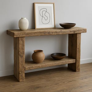 Rustic Wood Console Table Farmhouse Entryway Table Reclaimed wood table Handmade Slatted Shelves, Natural Finish
