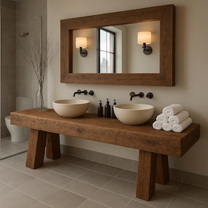 Large Rustic Vanity Farmhouse Vanity Modern Vanity with Shelf Handmade Solid Wood Sink Console Bathroom Sink Dark Rustic Vanity Live Edge