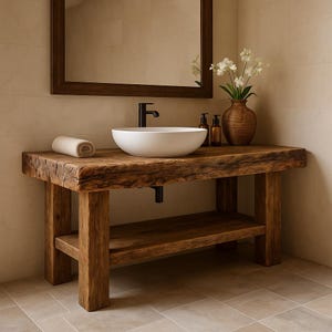 Rustic Wooden Bathroom Vanity Farmhouse Modern Vanity with Shelf Handmade Solid Wood Sink Console Bathroom Sink