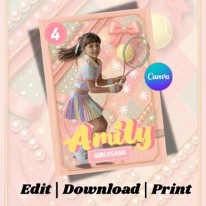 Pastell Mädchen Tennis Geburtstagskarte, bearbeitbare Sammelkarte zum 4. Geburtstag, GirlyGang sportliche Prinzessin Design, benutzerdefinierter digitaler Download