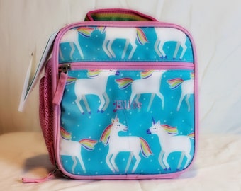 Pottery barn Pink and Teal Unicorn patterned Lunch Boxes -Embroidered Ellie
