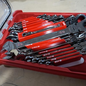 May include: A set of wrenches in a red plastic case. The wrenches are silver with red handles and are neatly arranged inside the case. The case has a clear lid and is closed.