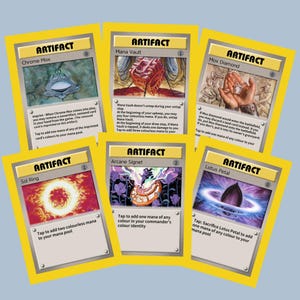 May include: Six trading cards with yellow borders are displayed, each labelled "ARTIFACT" at the top. The cards showcase distinct artwork and text, including "Chrome Mox," "Mana Vault," "Mox Diamond," "Sol Ring," "Arcane Signet," and "Lotus Petal."
