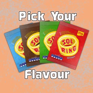 May include: Four rectangular snack packets in blue, brown, green, and red, each featuring a yellow ring graphic and the text SOL RING ARTIFACT. The text Pick Your Flavour appears above and below the packets, with a yellow £1.00 price tag on the red packet.